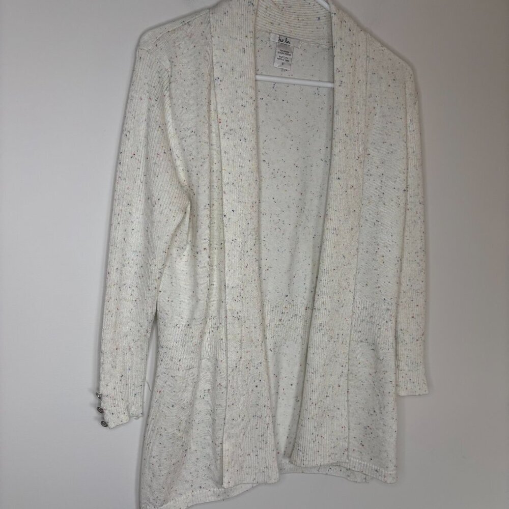 ISELA NEW Open Front Cardigan Womens S Cream Colorful Speckled Ribbed Buttons